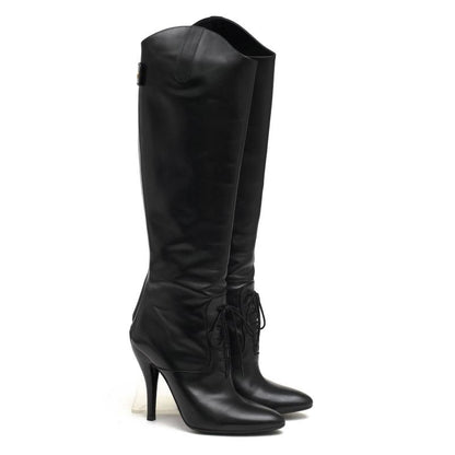 Gucci Long Boots Shoes Women Leather Genuine Black 304702 Elizabeth High Heel