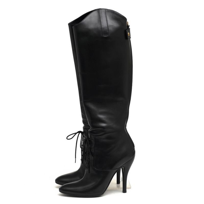 Gucci Long Boots Shoes Women Leather Genuine Black 304702 Elizabeth High Heel