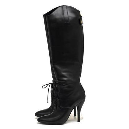 Gucci Long Boots Shoes Women Leather Genuine Black 304702 Elizabeth High Heel