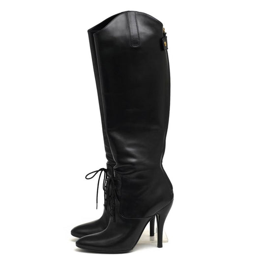 Gucci Long Boots Shoes Women Leather Genuine Black 304702 Elizabeth High Heel