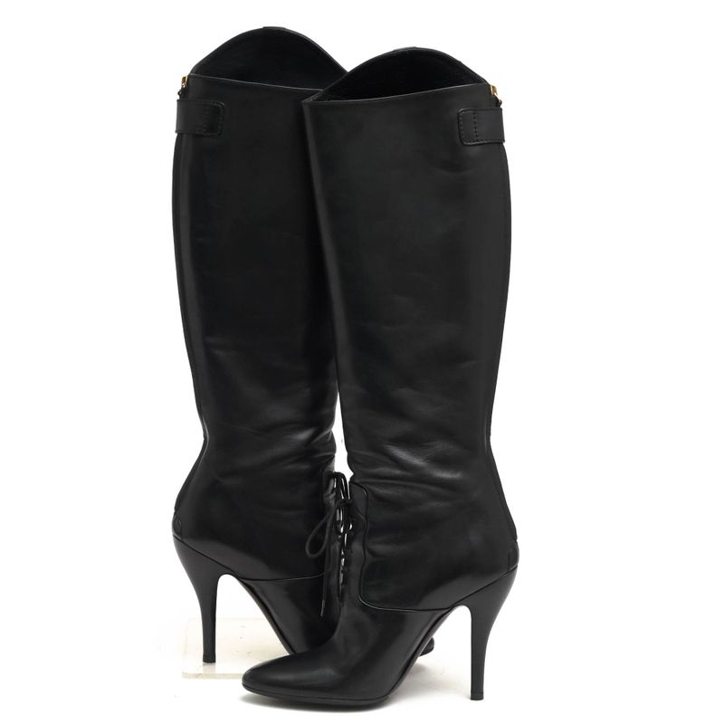 Gucci Long Boots Shoes Women Leather Genuine Black 304702 Elizabeth High Heel
