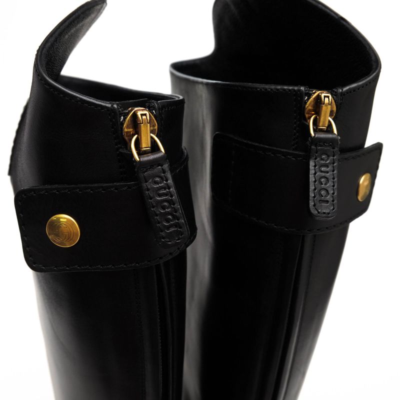 Gucci Long Boots Shoes Women Leather Genuine Black 304702 Elizabeth High Heel