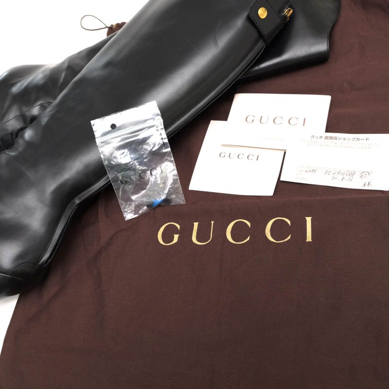 Gucci Long Boots Shoes Women Leather Genuine Black 304702 Elizabeth High Heel