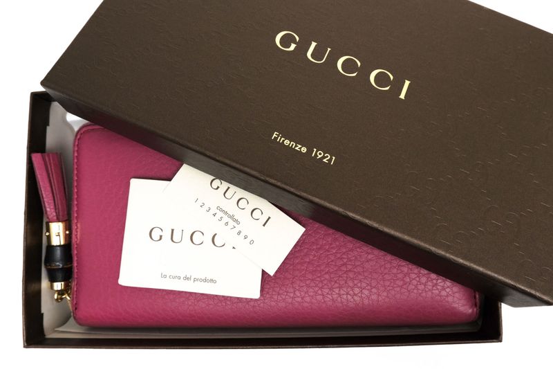 Gucci Wallet Women Leather Genuine Pink 307984 Bamboo Tassel with Coin Purse