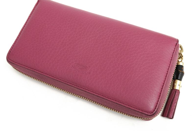 Gucci Wallet Women Leather Genuine Pink 307984 Bamboo Tassel with Coin Purse
