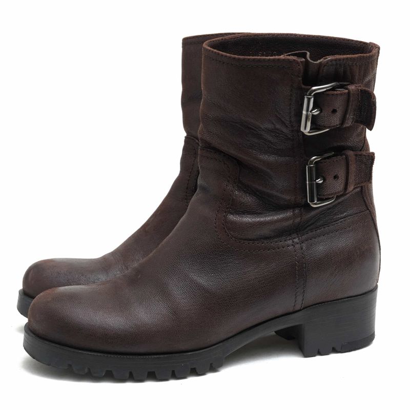 Prada Engineer Boots Shoes Women Leather Dark Brown Short Engineer Boots
