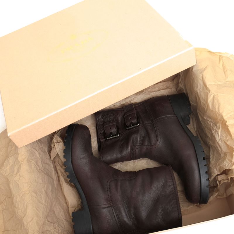 Prada Engineer Boots Shoes Women Leather Dark Brown Short Engineer Boots