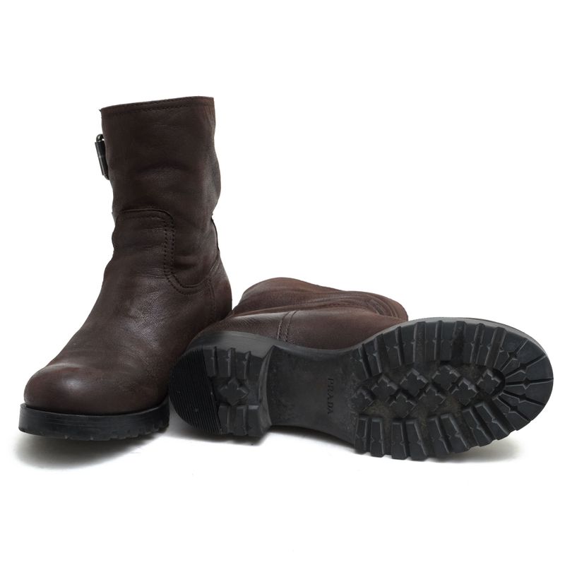 Prada Engineer Boots Shoes Women Leather Dark Brown Short Engineer Boots