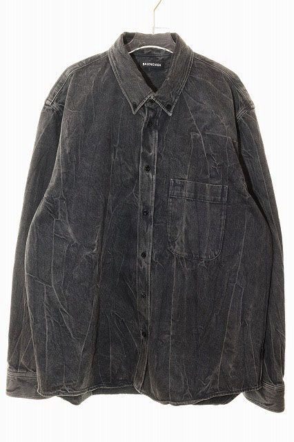 Balenciaga Back Logo Denim Shirt Size 38 Button Down Logo Print Black [brand