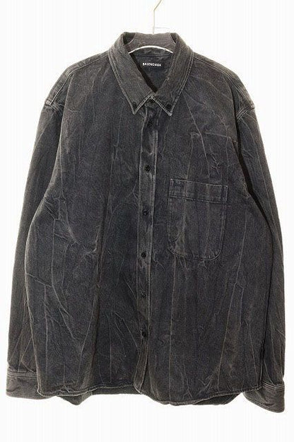 Balenciaga Back Logo Denim Shirt Size 38 Button Down Logo Print Black [brand