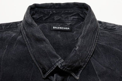 Balenciaga Back Logo Denim Shirt Size 38 Button Down Logo Print Black [brand