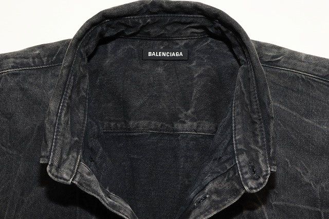 Balenciaga Back Logo Denim Shirt Size 38 Button Down Logo Print Black [brand