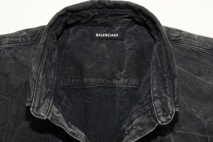 Balenciaga Back Logo Denim Shirt Size 38 Button Down Logo Print Black [brand