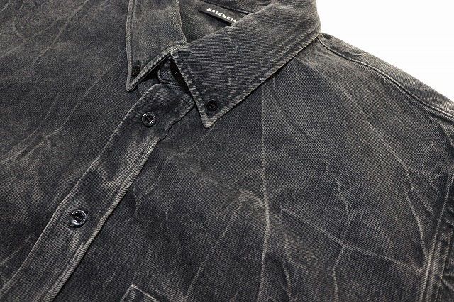 Balenciaga Back Logo Denim Shirt Size 38 Button Down Logo Print Black [brand