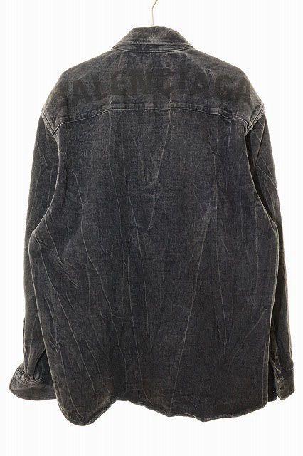 Balenciaga Back Logo Denim Shirt Size 38 Button Down Logo Print Black [brand