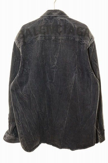 Balenciaga Back Logo Denim Shirt Size 38 Button Down Logo Print Black [brand