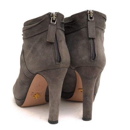 Prada Short Boots Shoes Women Suede Leather Genuine Leather Gray Booties Plain