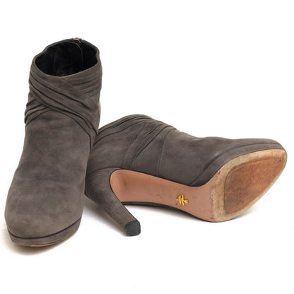 Prada Short Boots Shoes Women Suede Leather Genuine Leather Gray Booties Plain