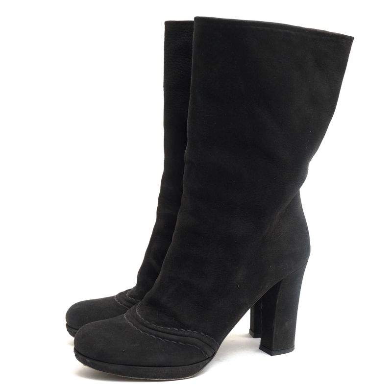 Prada/Prada Mid Length Boots Shoes Women Suede Leather Genuine Black Chunky Heel