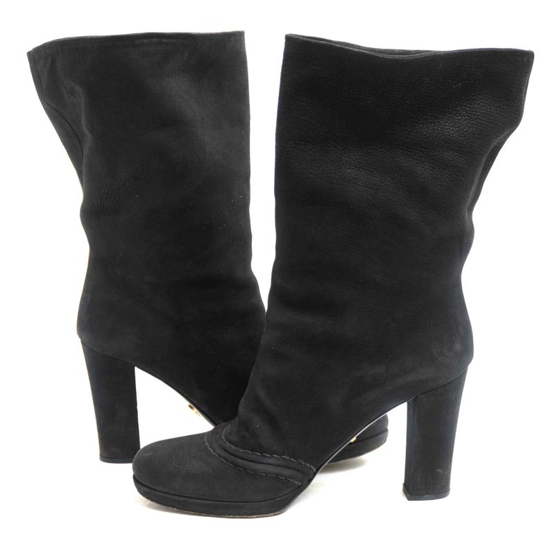 Prada/Prada Mid Length Boots Shoes Women Suede Leather Genuine Black Chunky Heel