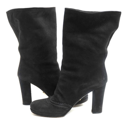 Prada/Prada Mid Length Boots Shoes Women Suede Leather Genuine Black Chunky Heel