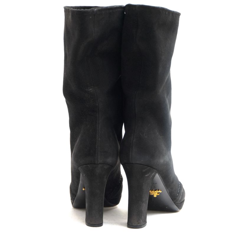Prada/Prada Mid Length Boots Shoes Women Suede Leather Genuine Black Chunky Heel
