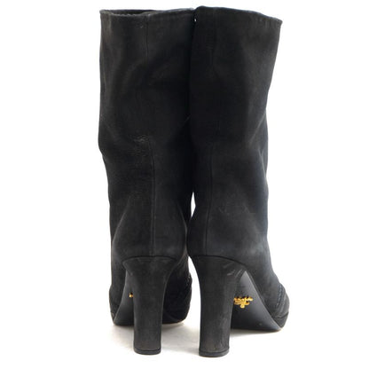 Prada/Prada Mid Length Boots Shoes Women Suede Leather Genuine Black Chunky Heel