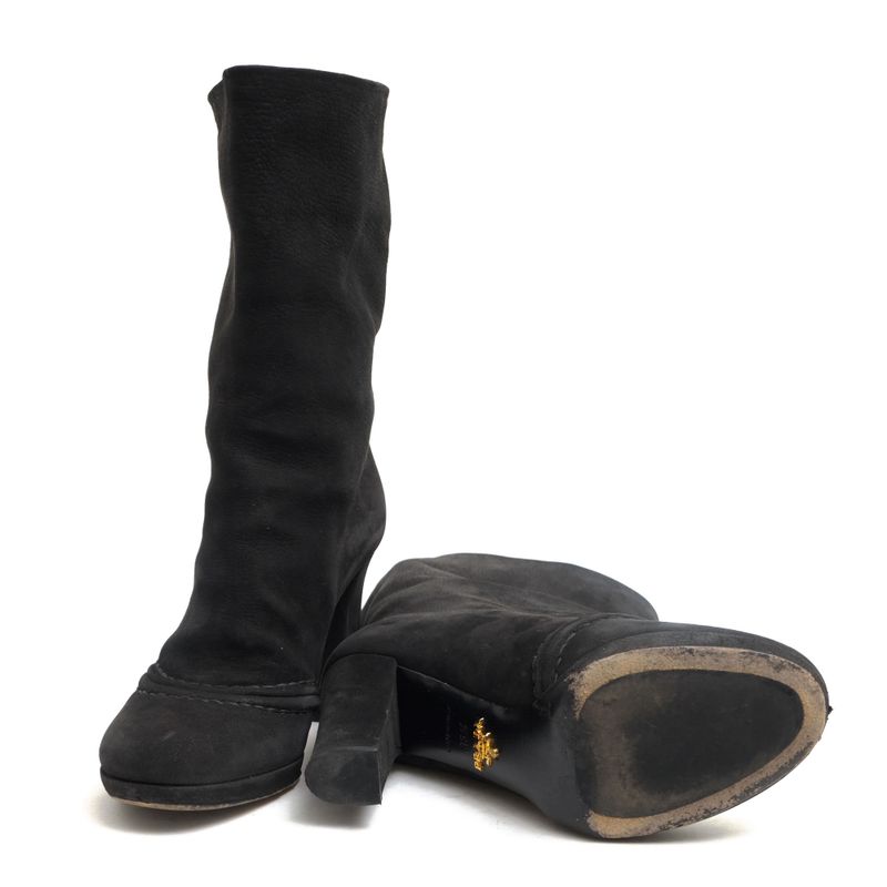 Prada/Prada Mid Length Boots Shoes Women Suede Leather Genuine Black Chunky Heel