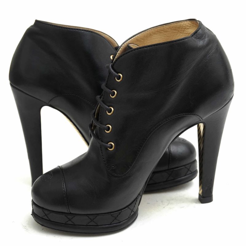 Chanel Booties Short Boots Shoes Women Leather Genuine Black G28406 Coco Mark