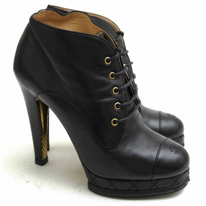 Chanel Booties Short Boots Shoes Women Leather Genuine Black G28406 Coco Mark