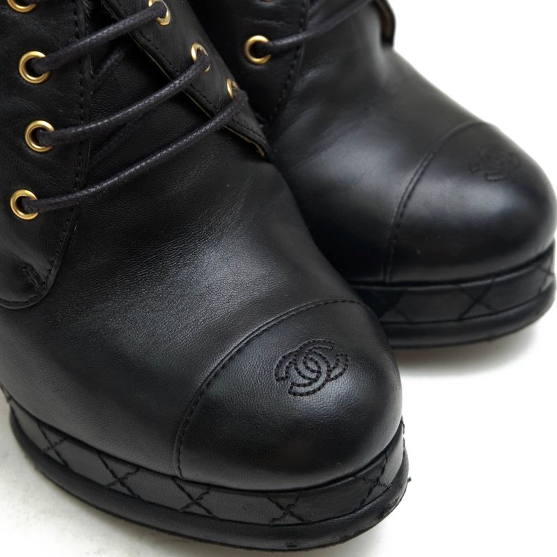 Chanel Booties Short Boots Shoes Women Leather Genuine Black G28406 Coco Mark