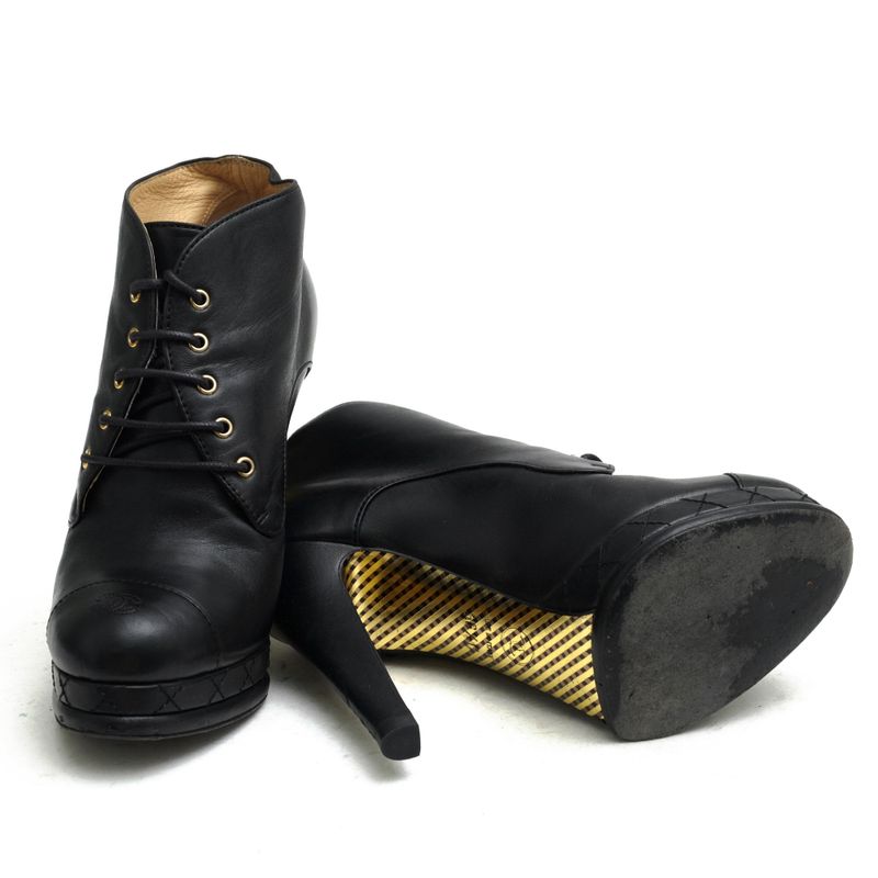 Chanel Booties Short Boots Shoes Women Leather Genuine Black G28406 Coco Mark