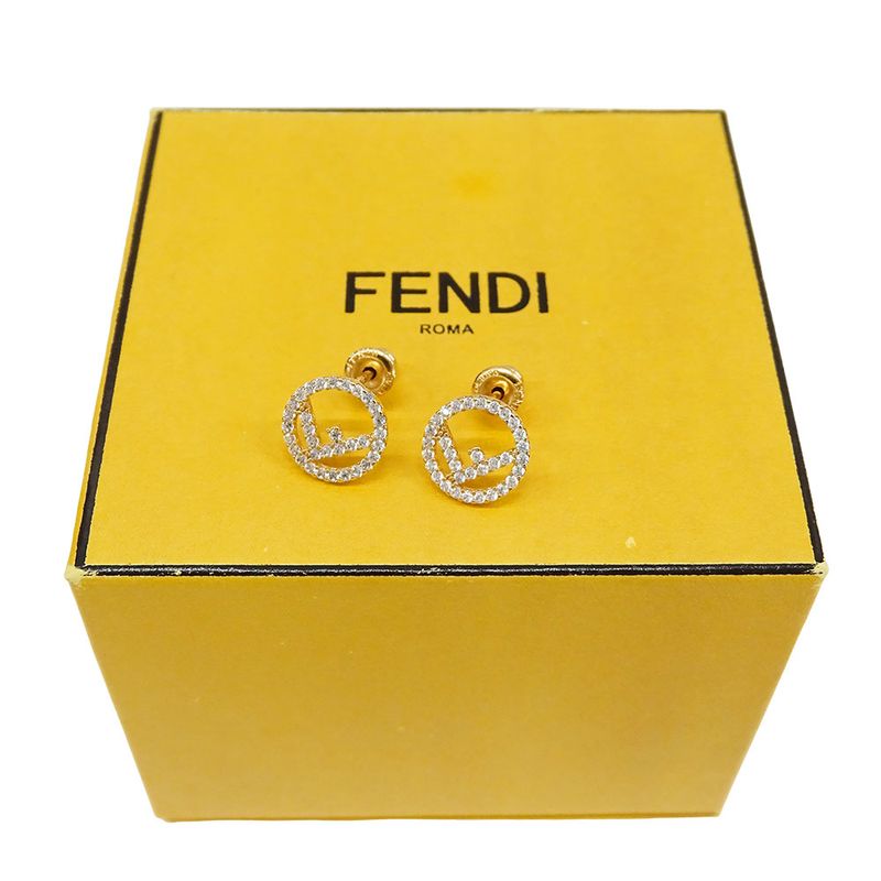 Fendi Earrings Women's Branded F's Rhinestone Gold Accessory for Both Ears