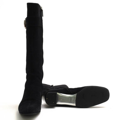 Gucci Long Boots Shoes Women Suede Leather Genuine Black 182010 Belt Design