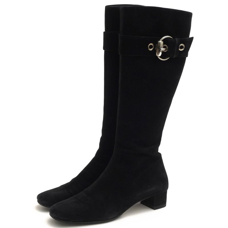 Gucci Long Boots Shoes Women Suede Leather Genuine Black 182010 Belt Design