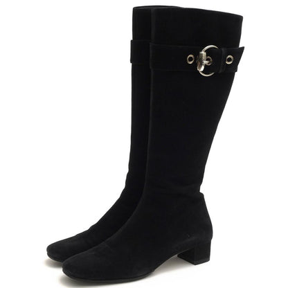 Gucci Long Boots Shoes Women Suede Leather Genuine Black 182010 Belt Design