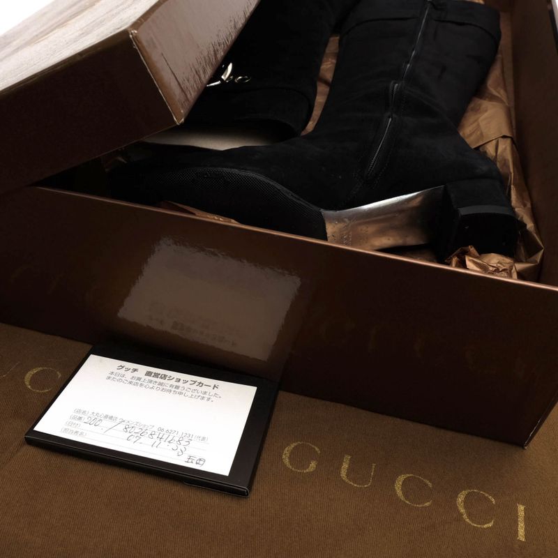 Gucci Long Boots Shoes Women Suede Leather Genuine Black 182010 Belt Design