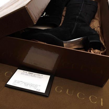 Gucci Long Boots Shoes Women Suede Leather Genuine Black 182010 Belt Design
