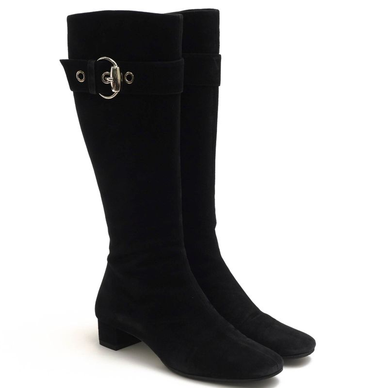 Gucci Long Boots Shoes Women Suede Leather Genuine Black 182010 Belt Design
