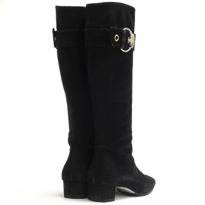 Gucci Long Boots Shoes Women Suede Leather Genuine Black 182010 Belt Design