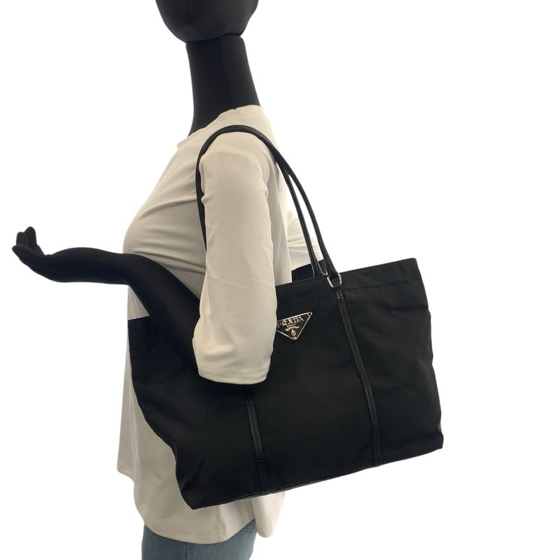 Prada Tessuto Triangle Logo Plate Black Silver Hardware Tote Bag Shoulder Bag