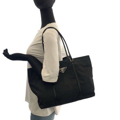 Prada Tessuto Triangle Logo Plate Black Silver Hardware Tote Bag Shoulder Bag
