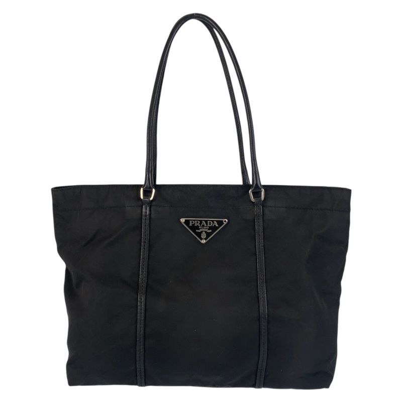 Prada Tessuto Triangle Logo Plate Black Silver Hardware Tote Bag Shoulder Bag
