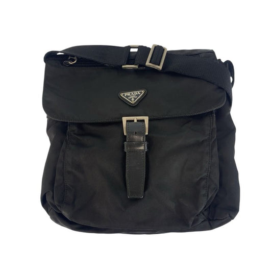 Prada Tessuto Triangle Logo Plate Black Silver Hardware Shoulder Bag Messenger