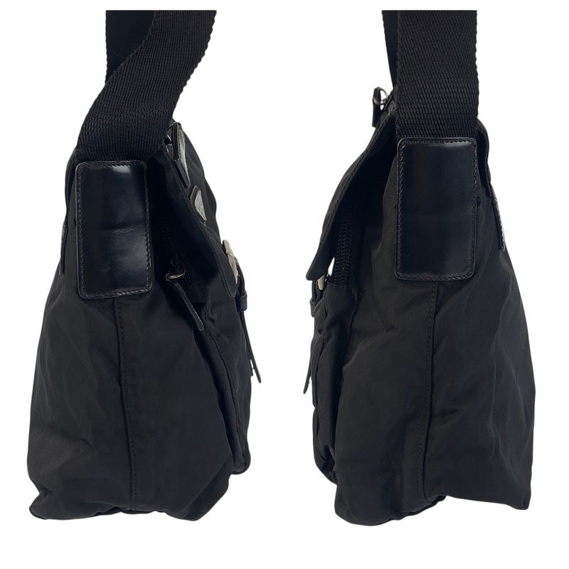 Prada Tessuto Triangle Logo Plate Black Silver Hardware Shoulder Bag Messenger