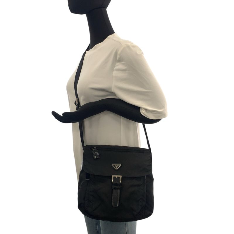 Prada Tessuto Triangle Logo Plate Black Silver Hardware Shoulder Bag Messenger
