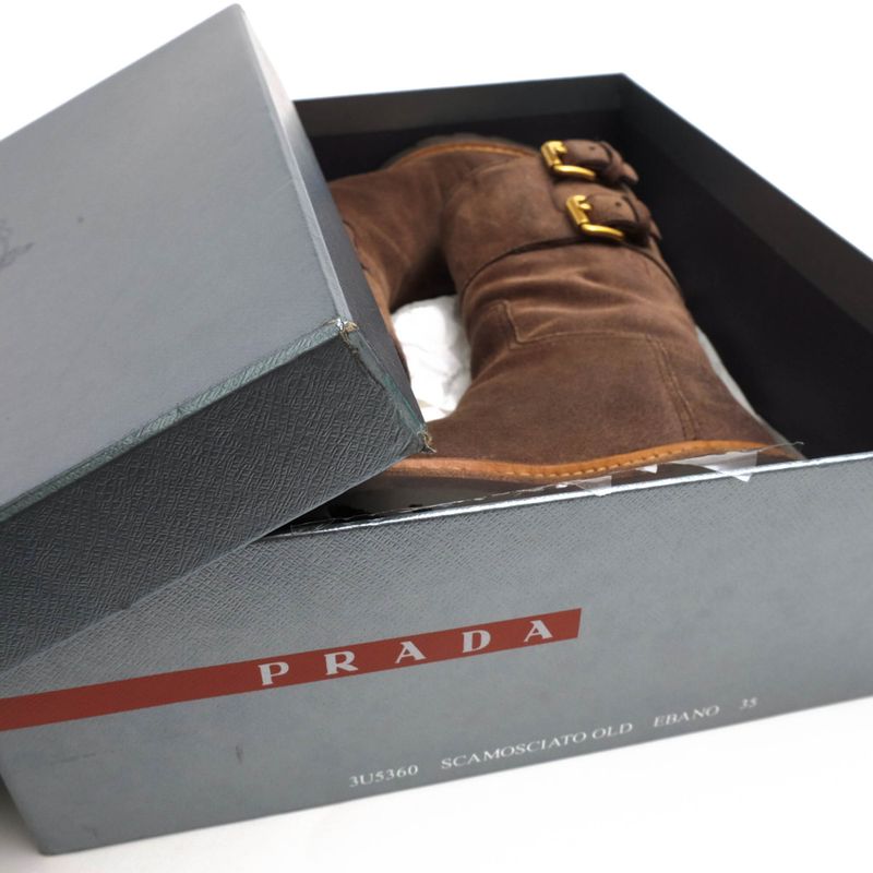 Prada Engineer Boots Shoes Women Suede Leather Genuine Dark Brown 3u5360