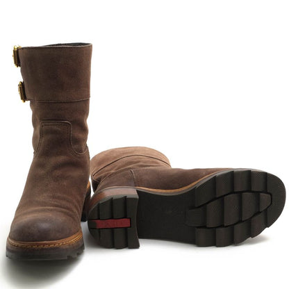 Prada Engineer Boots Shoes Women Suede Leather Genuine Dark Brown 3u5360