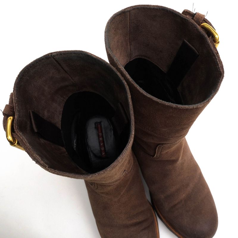 Prada Engineer Boots Shoes Women Suede Leather Genuine Dark Brown 3u5360