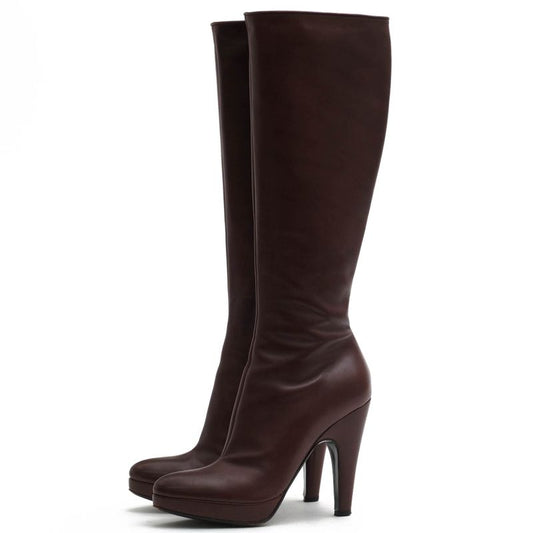 Prada Long Boots Shoes Women Leather Genuine Brown Side Zip High Heel